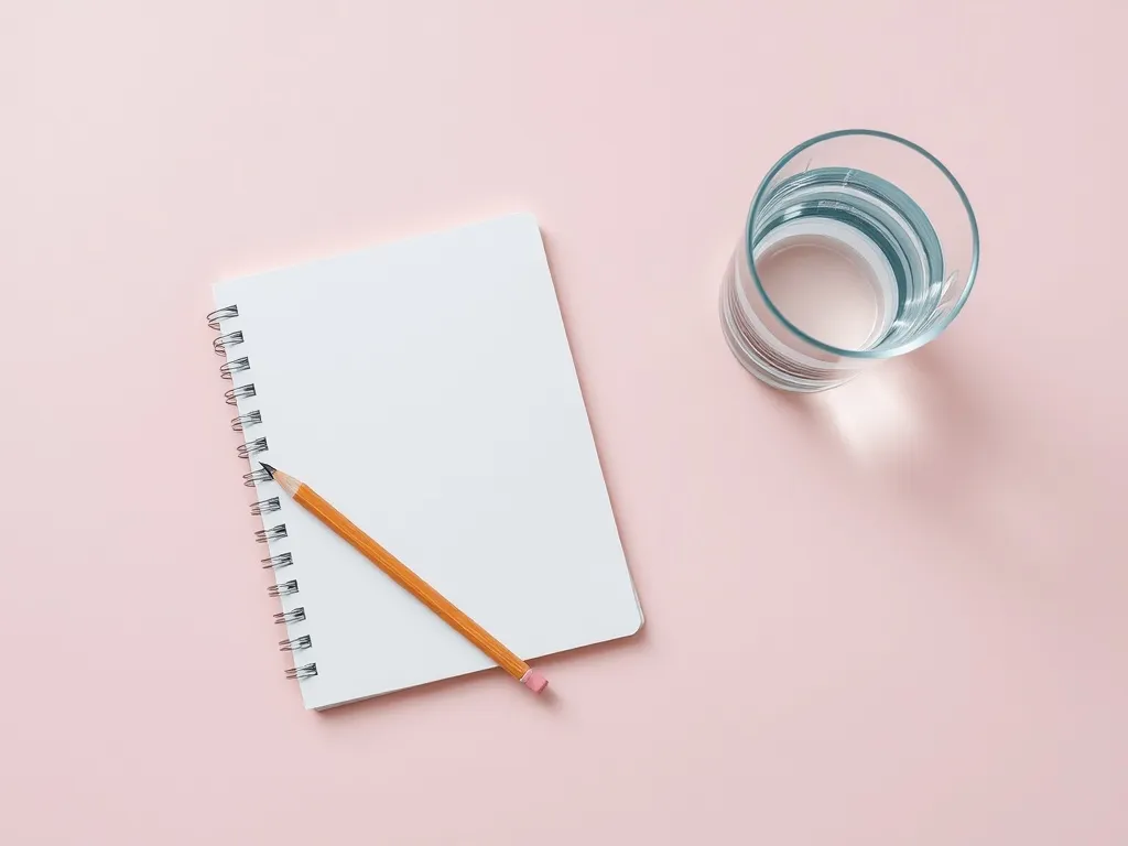 A minimalist flat lay of a notebook, a wooden pencil, and a