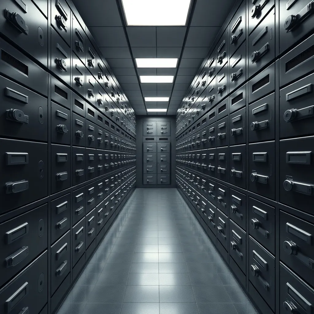A professional high-security bank vault with rows of safety