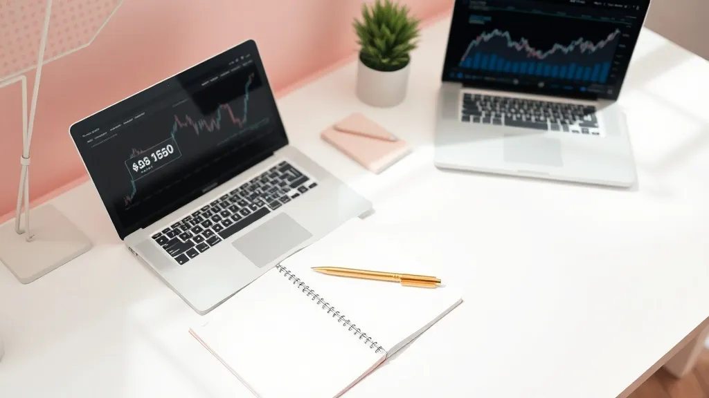 A minimalist bright office desk with a notebook, a gold pen,