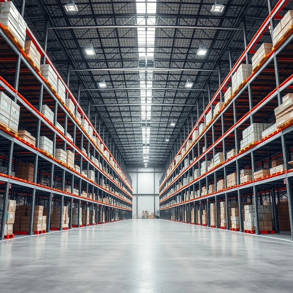 Interior of a massive modern brightly lit warehouse with hig