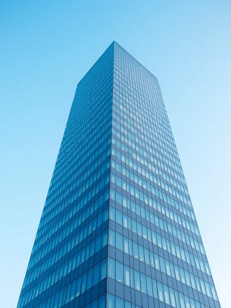 A modern glass office skyscraper reflecting a clear blue sky