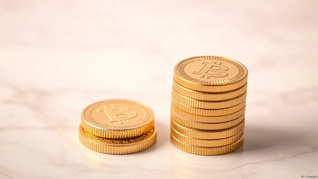 A close-up of golden coins stacked neatly on a white marble