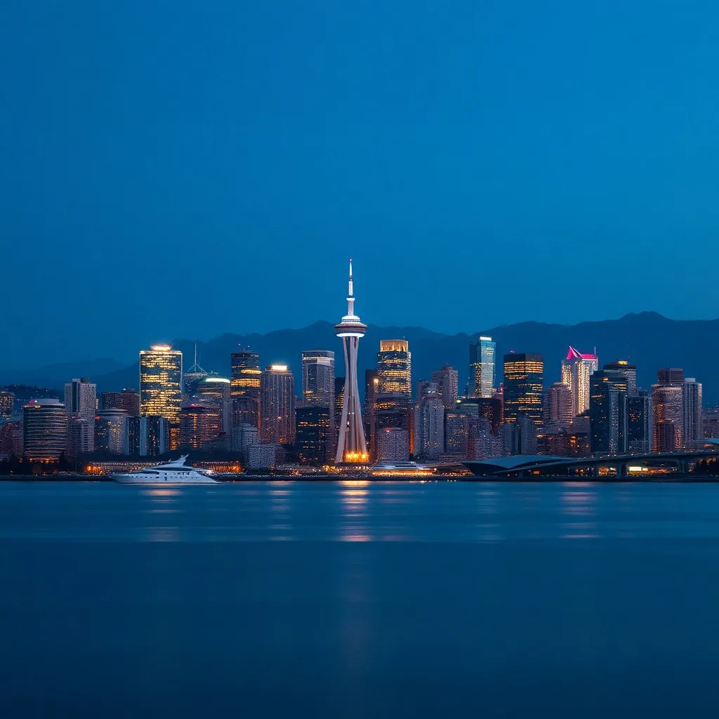 Vancouver city skyline during blue hour, lights reflecting i